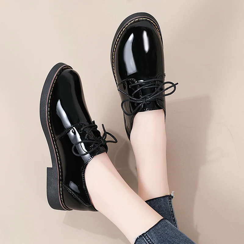 New round head women\'s shoes lace-up small leather shoes black British style single shoes low heels casual flat business