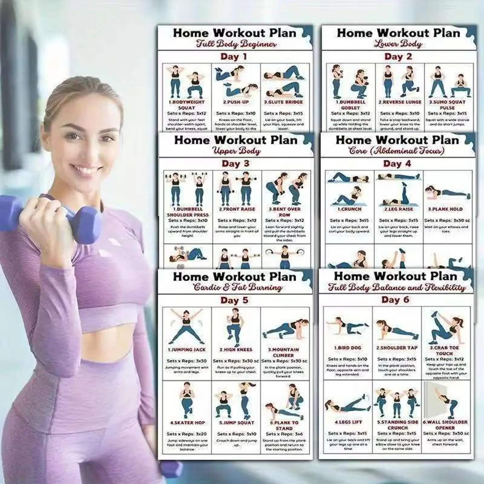 6pcs Yoga Dumbbell Stretching Workout Poster Workout Posters for Dorm Office Home Gym Full Body Home Gym Fitness Guide 10x8