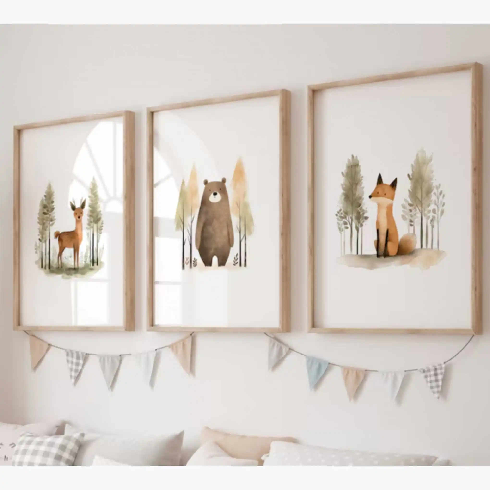 1/3 Stück Niedliche Hirsch-, Bären- & Fuchs-Tiermotiv Leinwanddruck Wald-Kindergarten-Wandkunst Poster für Moderne Wohnzimmer Kinderzimmer Heimdekoration