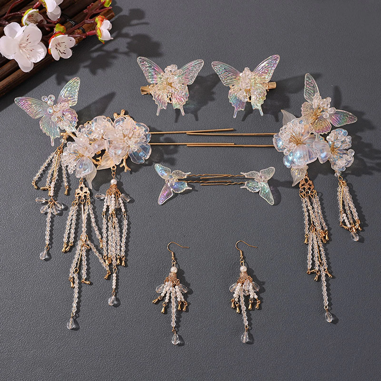 Chinesische Hanfu Haar Stick Haarnadel Ohrringe Haar Zubehör Set Lange Fransen Vintage Haarnadel Blume Handgemachte Hochzeit Haar Schmuck