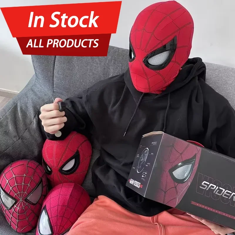 Em estoque: Máscara eletrônica do Homem-Aranha Miles, escala 1:1, com olhos que se movem e brilham, controle por anel, brinquedo de cosplay, presente para meninos.