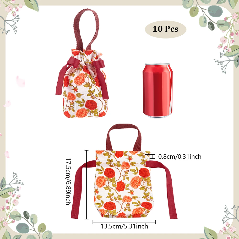 10 Pcs Floral Small Gift Bags with Handles Flower Drawstring Bags Tea Party Favor Bags Canvas Small Bag for Wedding Birthday