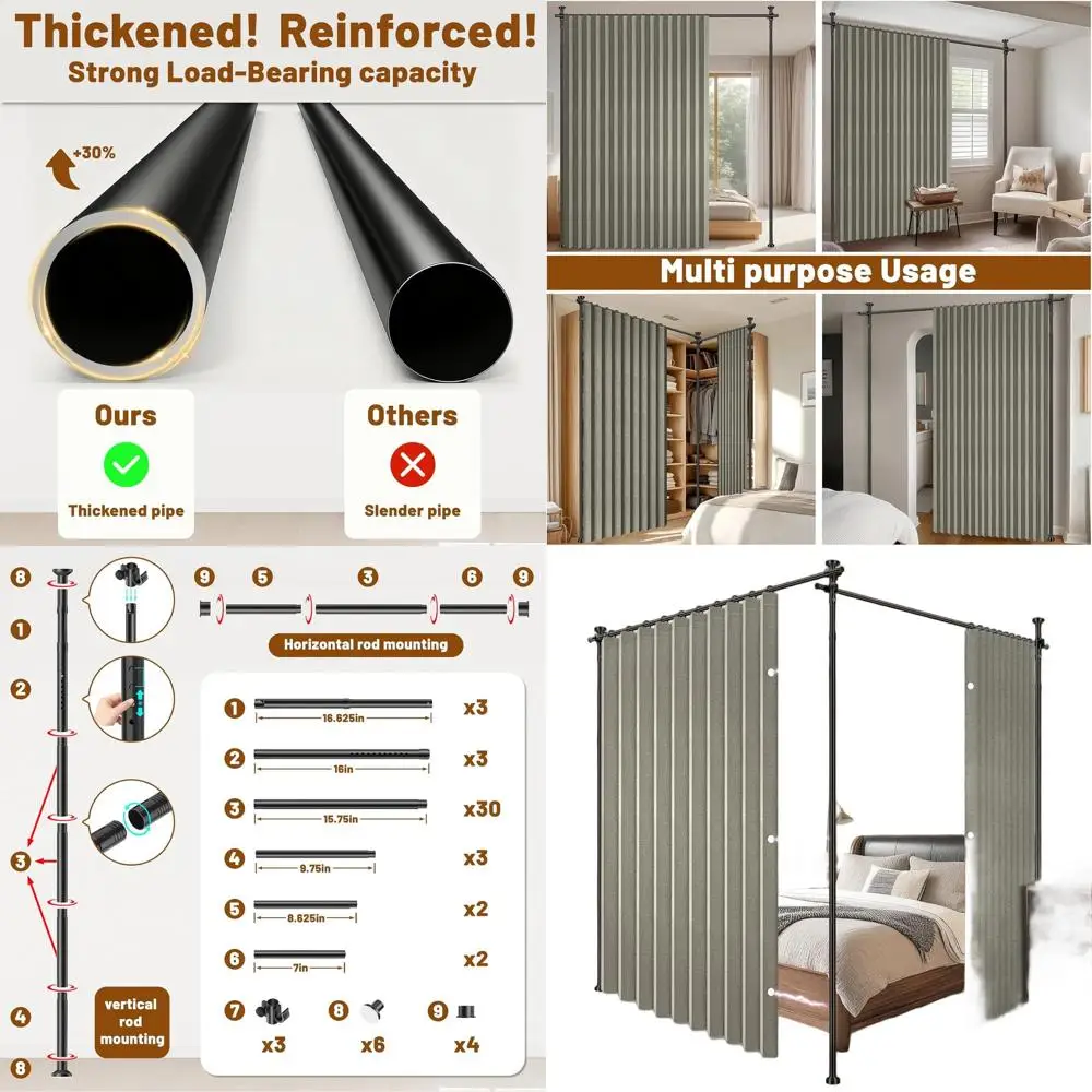 

Grey Double Panel Privacy Curtains with Blackout and Soundproofing, No Drill Rods, Ideal for Rooms, Studios, and Offices