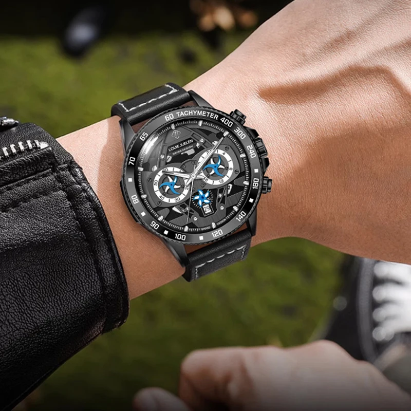 LOUIE JUELEN ساعات رياضية رجالية مقاوم للماء ريال ثلاثة عيون التقويم ساعة كوارتز متعددة الوظائف ساعة عادية Reloj Hombre