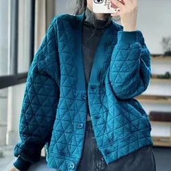 Autumn Winter Vintage Quilted Jacket Single-breasted Sweatshirt V-neck Cardigan Parkas Long Sleeve Design Coats Loose Outerwear