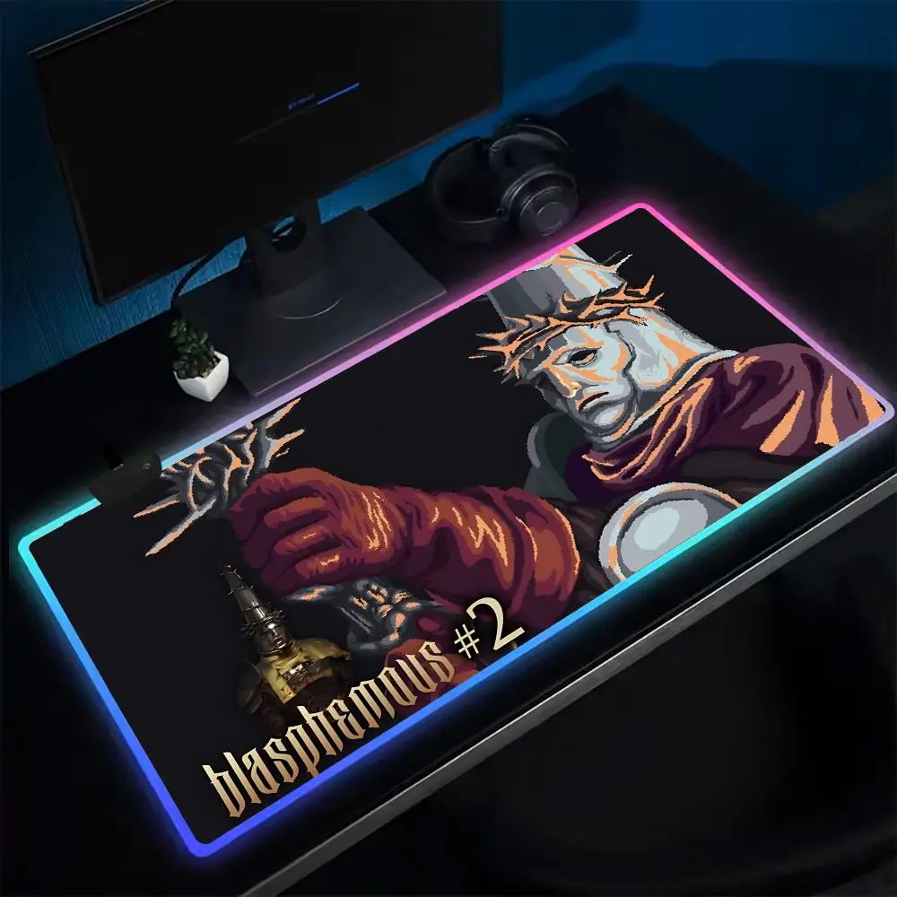 Gamer B-Blasphemous Mouse Pad Anime Gaming Mouse Pad LED Table Pads Backlit Rubber Desktop XXL Mousepad RGB Desk Mats