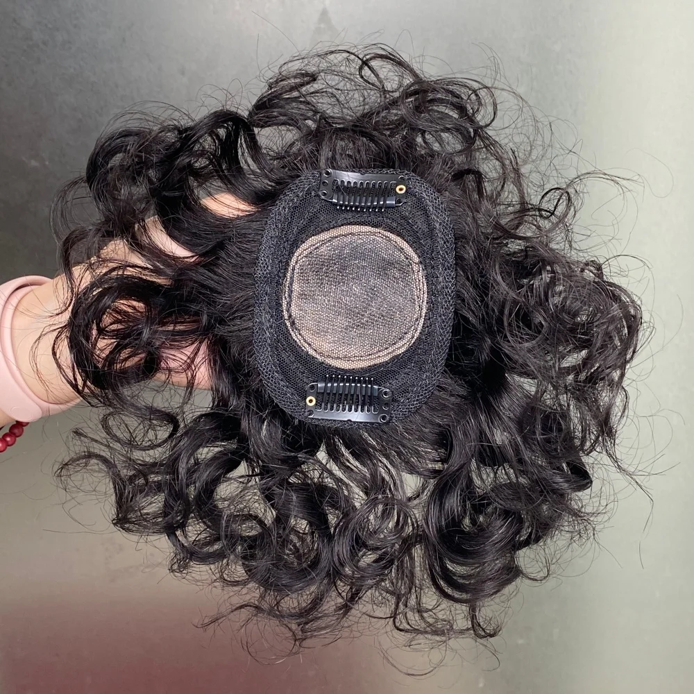 Doczepiany tupet z kręconych włosów naturalnych, w kształcie litery O, na klipsach, lekki i oddychający, wyglądający naturalnie.