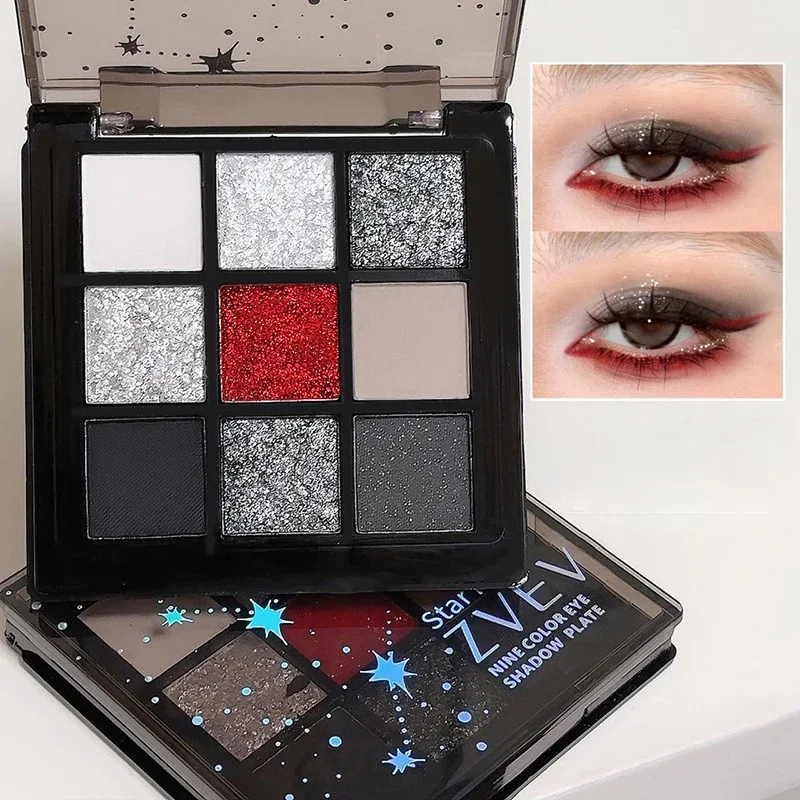 9-kleuren rokerig zwart rood oogschaduwpalet punk zoete coole oogschaduw blijvende glans ogen make-up donker geperste glitter oogschaduw