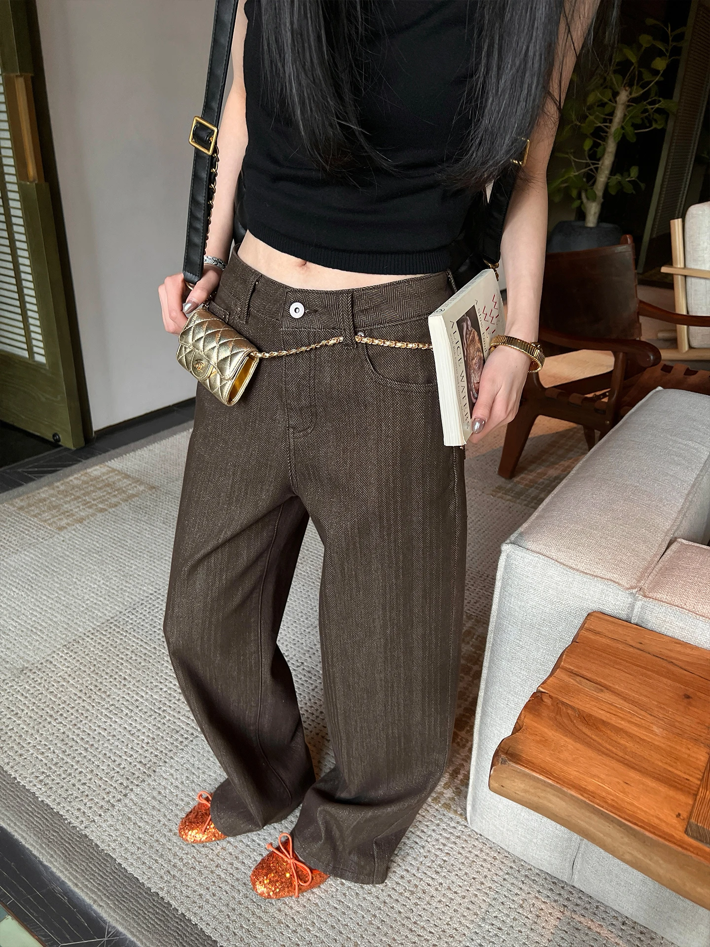 

Galaxy Silver Thread Denim Pants Loose Wide Leg Straight Cut Low Waist Cotton Spring Ladies Casual Fashion