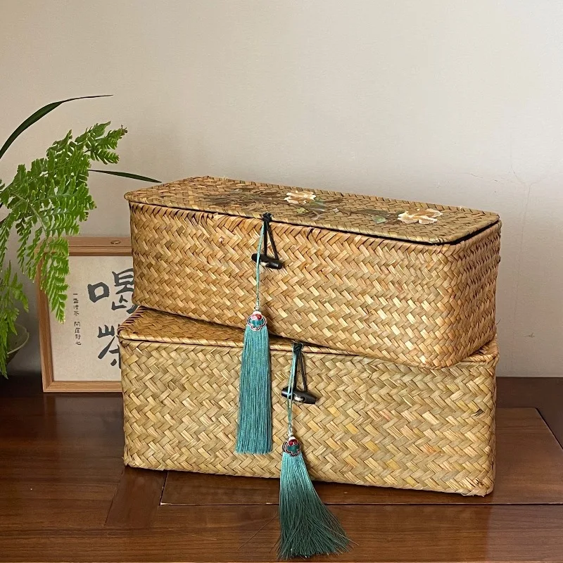 Embroidery hand-woven seaweed inner partition box tea room desktop tea set storage gift packaging box clamshell type