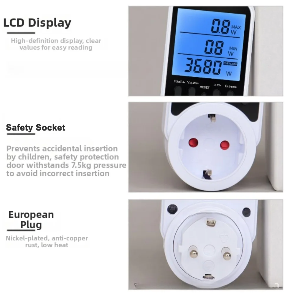 Energy Monitor Socket with Backlit LCD Display Current Voltage Timing Controller for Accurate Energy Usage Tracking