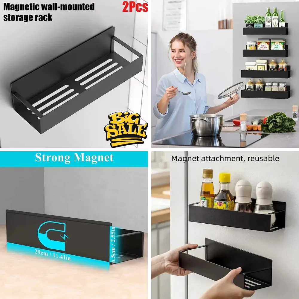 Magnetic Spice Rack 2pcs, Space Saving Hanging Basket Kitchen Organizer Shelf for Storage