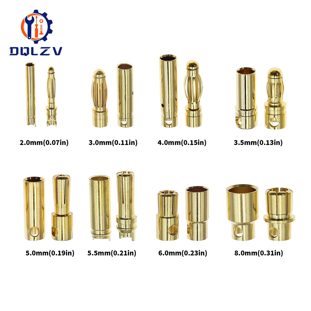 2.0mm 3.0mm 3.5mm 4.0mm 5.5mm 6.0mm 8.0MM Gold Bullet Banana Connector plug for ESC Lipo RC battery Plugs