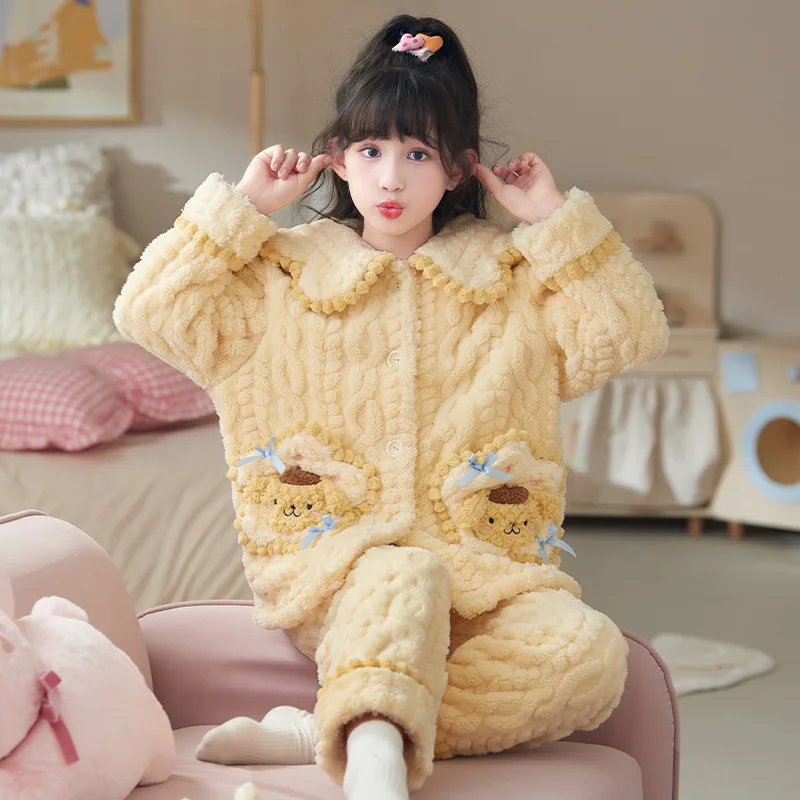 2Pcs Cute Winter Pompom Purins Cinnamoroll Kuromi Kids Plush Pajamas Anime Sanrio Flannel Cartoon Girl Warm Homewear Nightwear