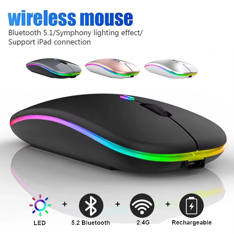 Bluetoooth 5.2 Wireless Mouse Silent With USB Rechargeable RGB Light Ergonomic Gaming Mouse Dual-mode 2.4GHz 1600DPI For Laptop