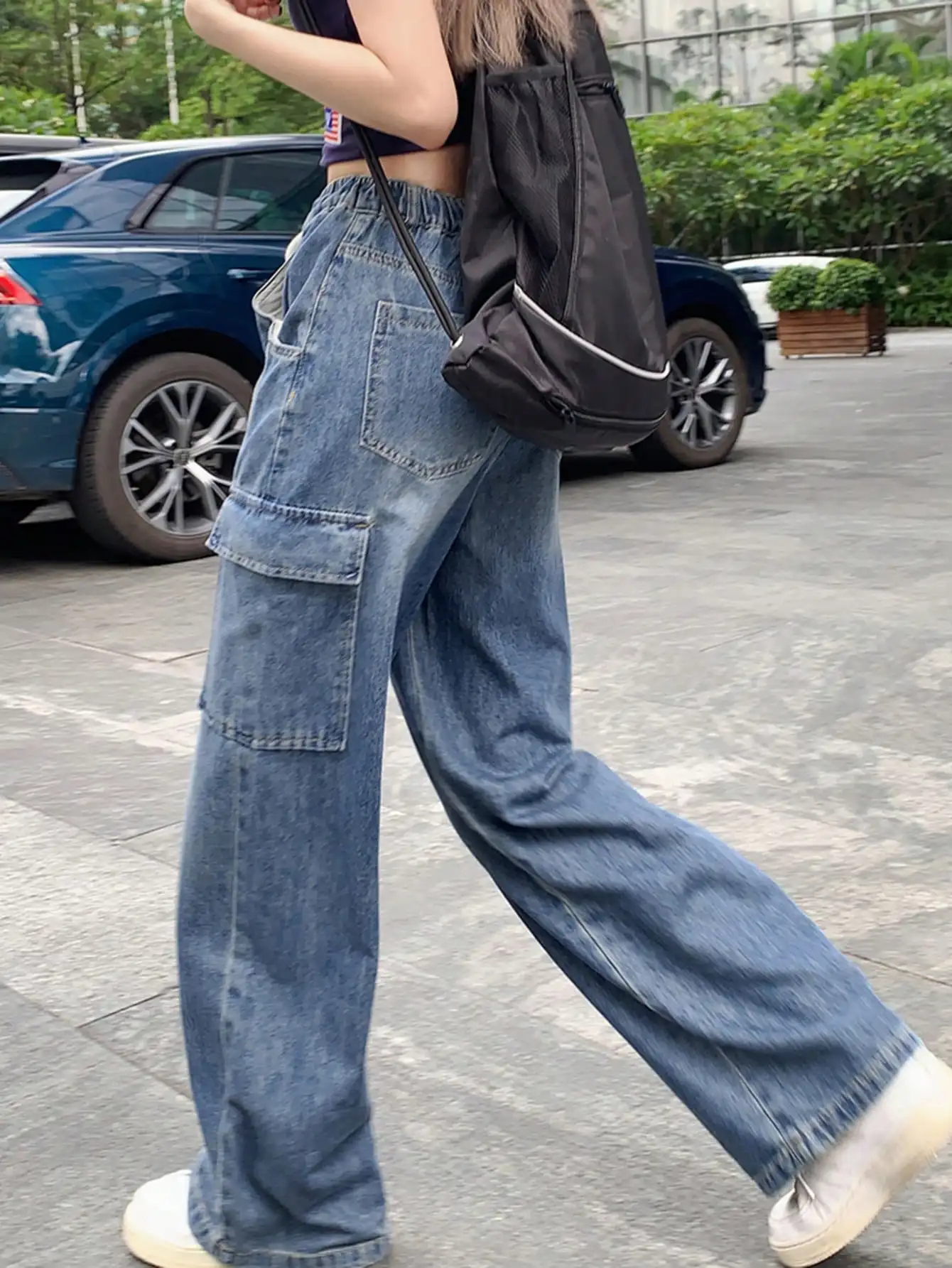 เกาหลี Chic ฤดูใบไม้ร่วงอเมริกัน Retro ด้านข้างกระเป๋าพนังขนาดใหญ่กางเกง DENIM กางเกงเอวสูงกางเกงขากว้างสตรี한Gauge Duntao