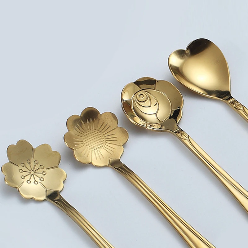 Stainless Steel Teaspoons For Coffee Floral Spoon For Ice Cream Dessert Scoop Kitchen Accessories Wedding Christmas Gift  Rose