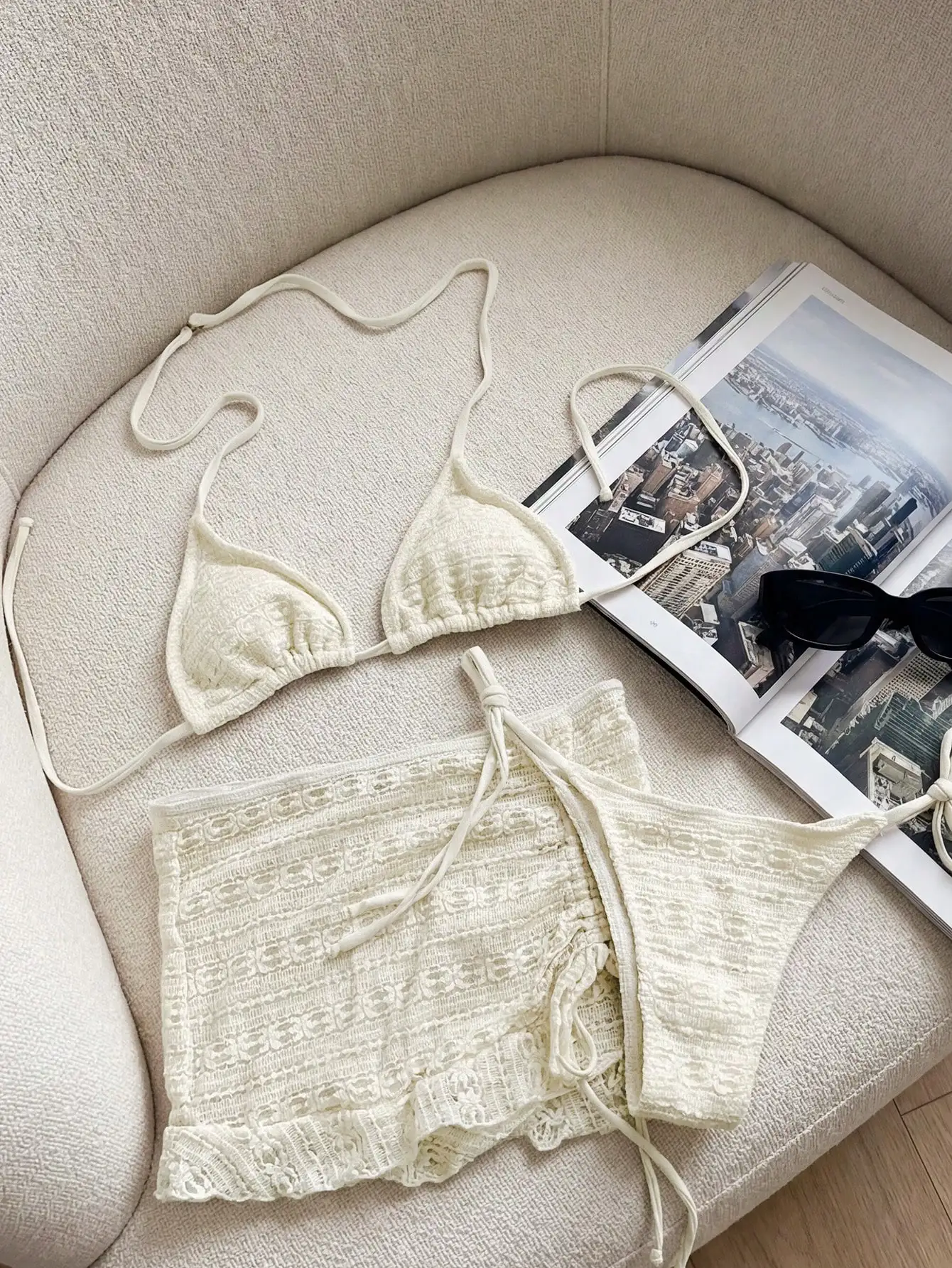 

Women's Cream Lace Triangle Bikini Set With Cover-Up Skirt