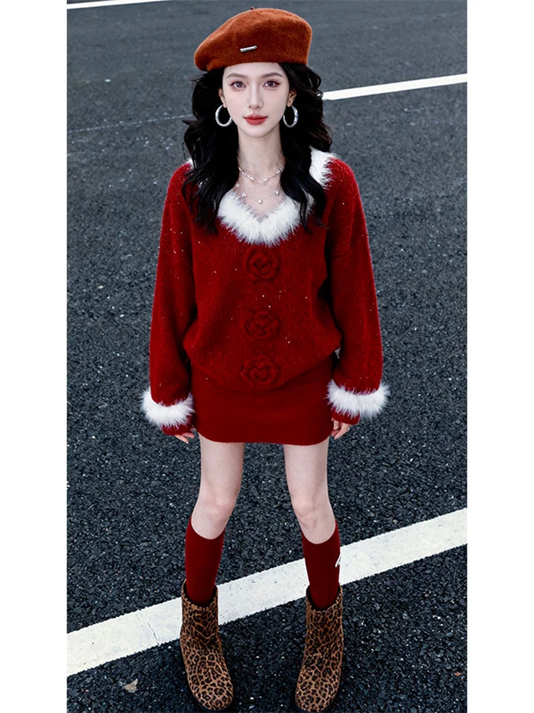 레드 니트 플러피 배틀 로브 시사스 겨울 2026년 플로럴 티피스 세트 하이 웨이스트 오트 스커트 롱 스웨트