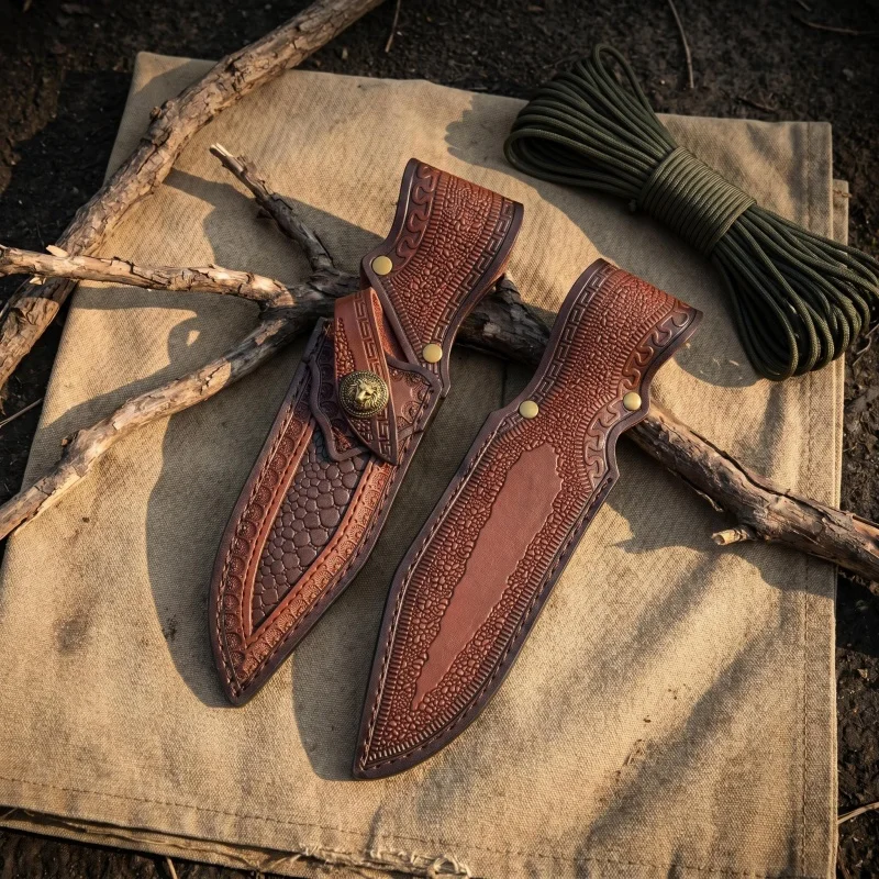 Embossed Leather Knife Sheath Retro Lion Head Decor Waist Carry Knife Cover DIY Replacement Knife Scabbard Unsharpened, blunt ed