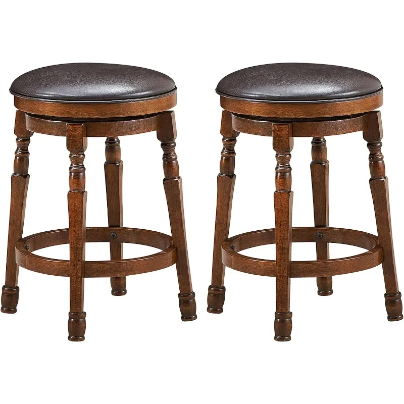 Bar Stools Set of 2 Swivel Barstools 24 Inch Counter Height Bar Stools Backless Sturdy Wood Chairs with Soft Faux Leather Seat