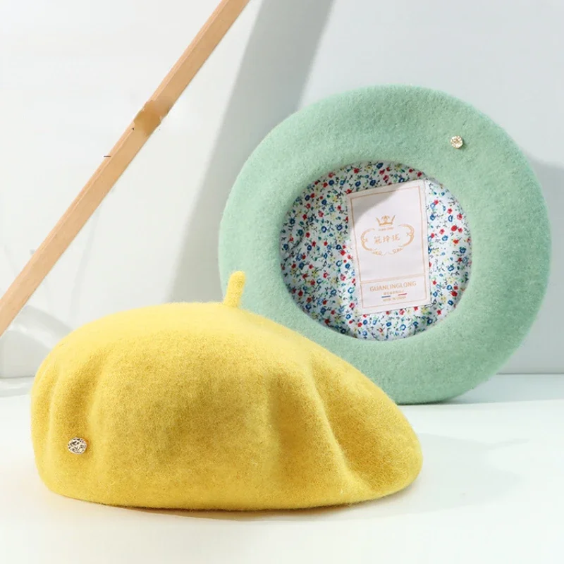 2024 Winter Hat Wool Beret Japanese Style Floral Lining Hat Women Painter Cap Young Girls