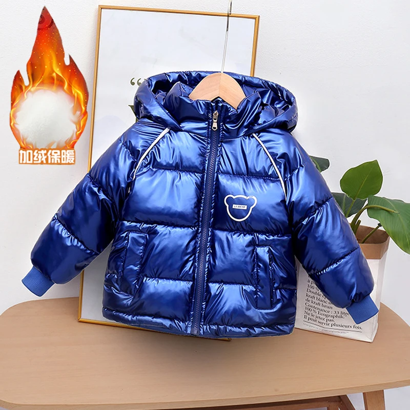 Winter Neue Jungen Mädchen Dicke Jacke Cartoon Bär Glänzend Antifouling Futter Plus Samt Warm Halten Mit Kapuze Schneeanzug Für 2-6 jahre