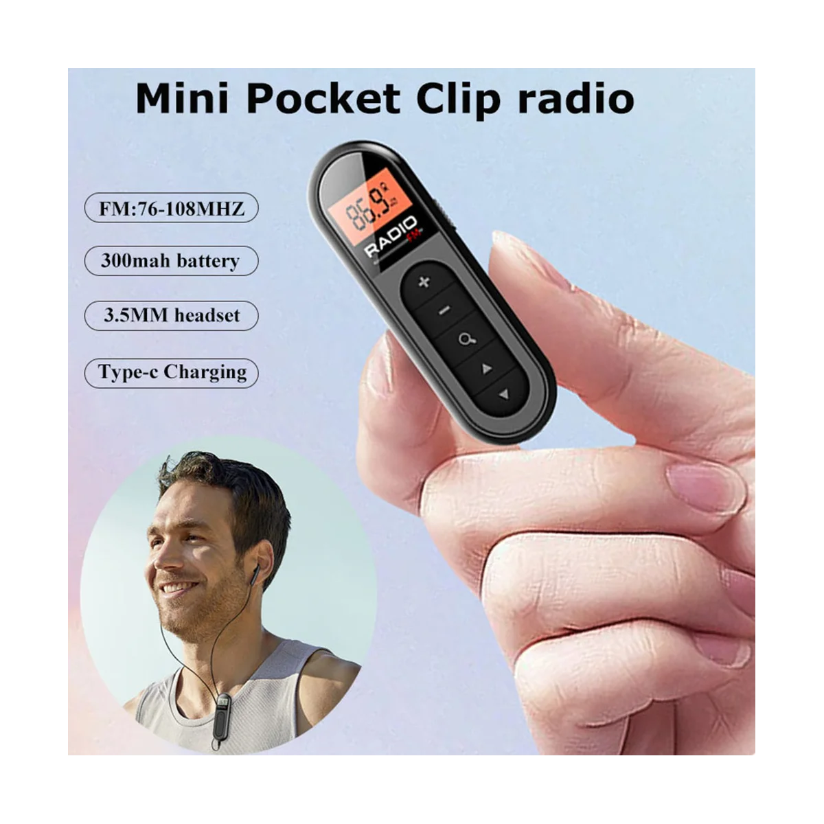 Mini Pocket FM Radio Rechargeable Portable 76-108MHZ Radio Receiver with Backlight LCD Display Wired 3.5mm Headphones