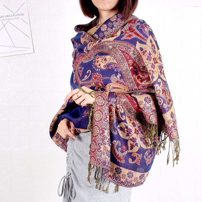 Paisley Pashmina Shawl Scarf Women Jacquard Cashew Printed Scarves Double-side Flowers Borders Female Tassel Blanket Wraps