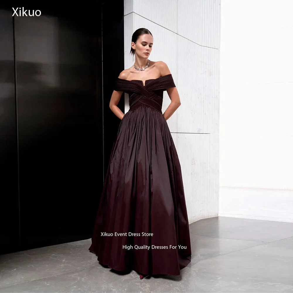 

Xikuo Off Shoulder Pleated Bodice Evening Dresses Burgundy Taffeta A Line Robes De Soirée Long Formal Party Dress Customized
