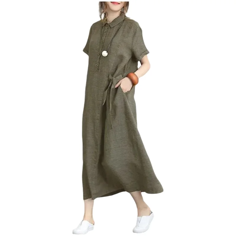 Casual Cotton Linen Polo Collar Short Sleeve Women's Dress with Pocket Loose Fit Knee Length Black Dress Fashionable Women