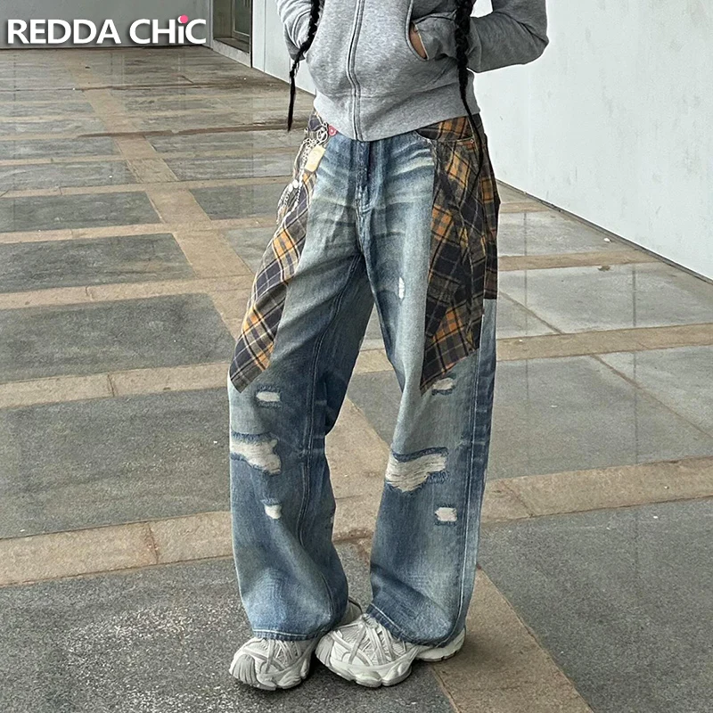 REDDACHiC Y2k Skater Baggy Jeans Women Distressed Plaid Chain Holes 3d Print Low Rise Wide Leg Pants Fashion Hip Hop Streetwear