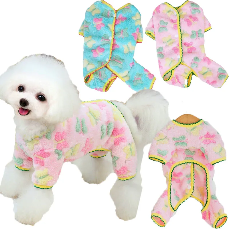 

Warm Pet Clothes For Dog Butterfly Pattern Pink Blue Fleece Jumpsuit Dog Pajamas Winter Clothing For Small Dogs Yorkie Overalls