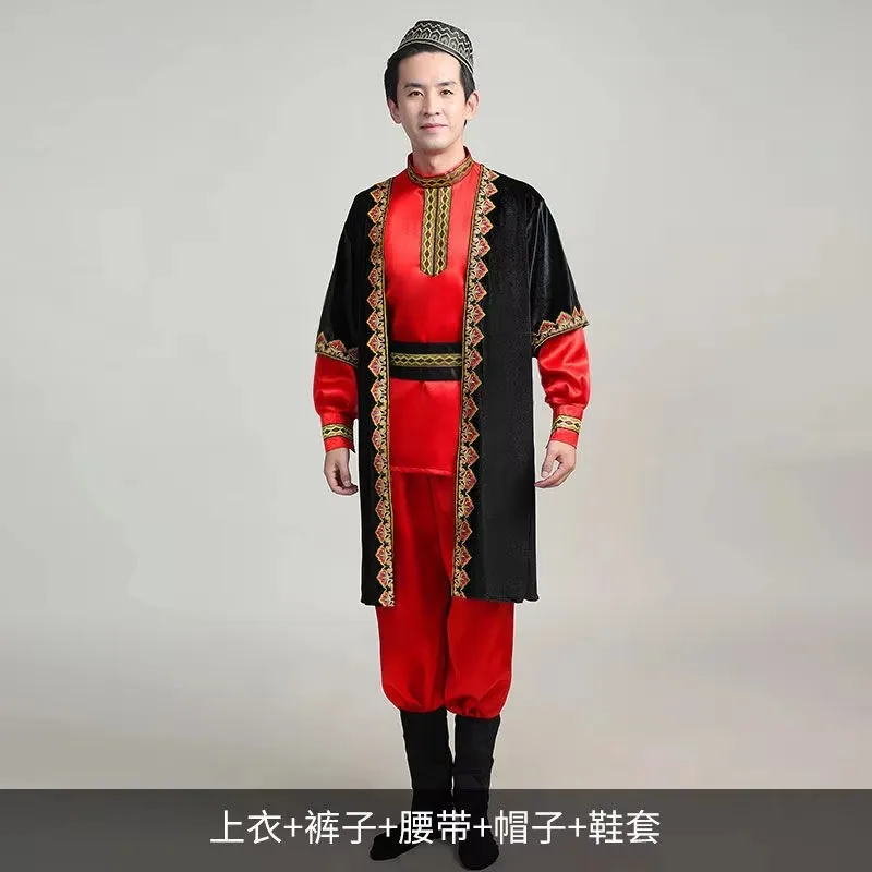 Strój narodowy kazaków dla mężczyzn, czerwono-niebieski, Xinjiang, vintage, ubrania do tańca ujgurskiego, długi rękaw, odzież etniczna dla mniejszości narodowych.
