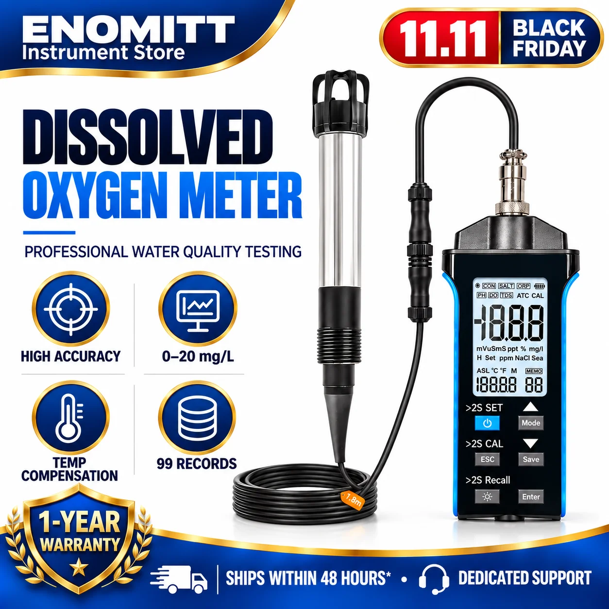 Dissolved Oxygen Meter Optical DO Tester Digital, IP67 Waterproof Aquaculture Water Quality, ATC Temperature Compensation