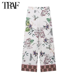 TRAF 2024 Floral Wide Leg Pants Women Pleated High Waist Pants for Women Summer Baggy Pants Woman Vintage Holiday Woman Trousers