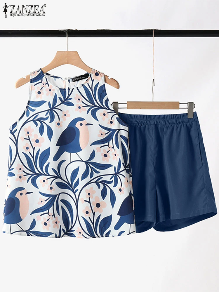 Conjuntos cortos Bohemain ZANZEA, Tops sin mangas de verano, trajes cortos, moda informal, conjuntos sueltos de 2 piezas, chándales con estampado Floral para mujer