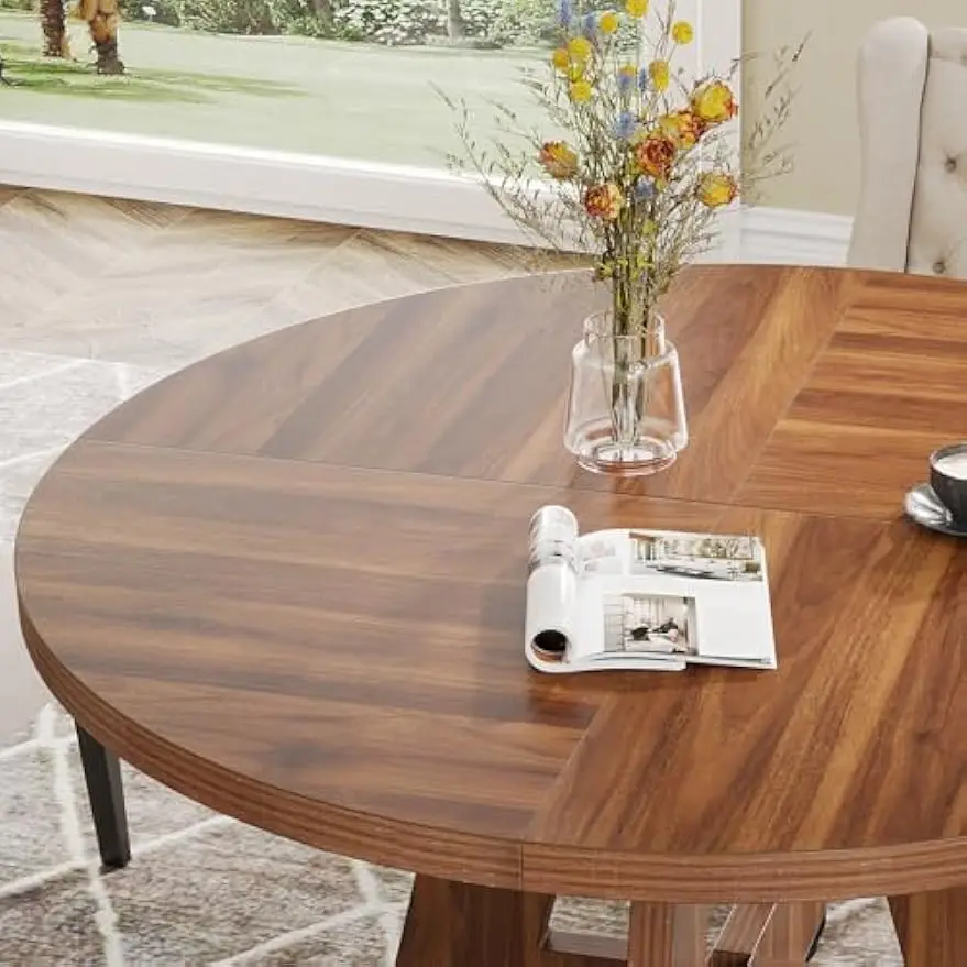 Round Dining Table for 4 Farmhouse Dining Room Table with Wooden Pedestal Base image 5