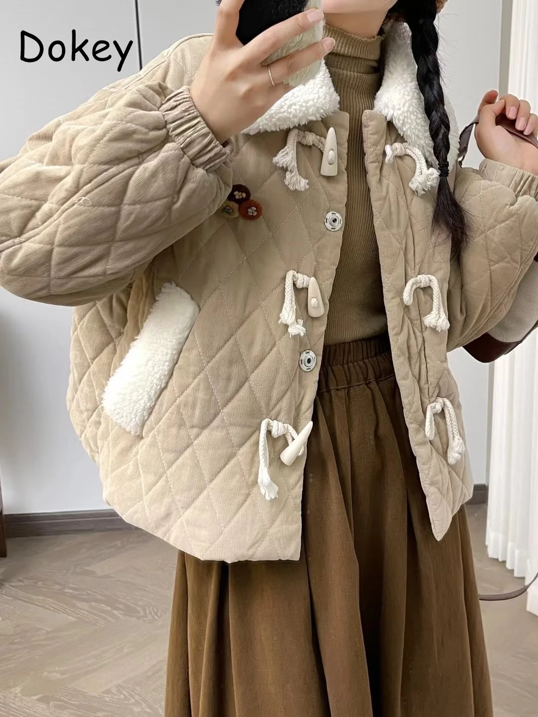 Japanese Mori Girl Kawaii Corduroy Cotton Jacket Women Vintage Ruffled Y2k Trendy Lolita Parkas Winter Plush Warm Casual Outwear