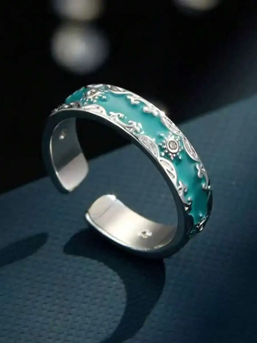 1pc Unique Floral Print Elegant Design Delicate Mint Green Enamel Adjustable Ring