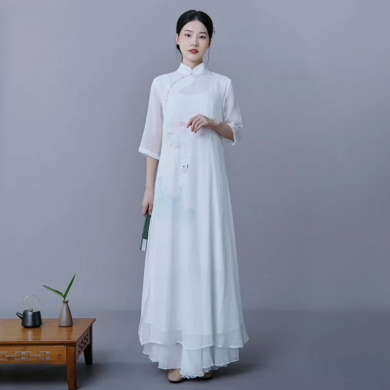 

Длинное платье в китайском стиле Xia Hanfu с шифоновым принтом, улучшенное шифоновое платье в стиле Китайской Республики, элитная одежда для чая дзен