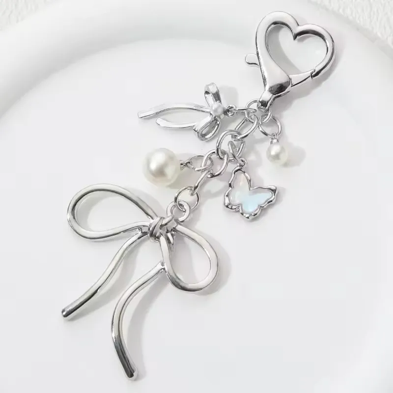 Butterfly Bow Knot Pearl Enamel Keychain Flying Insect Key Ring for Women Girls Handmade Y2K Pretty Jewelry Accessories Gifts view 2