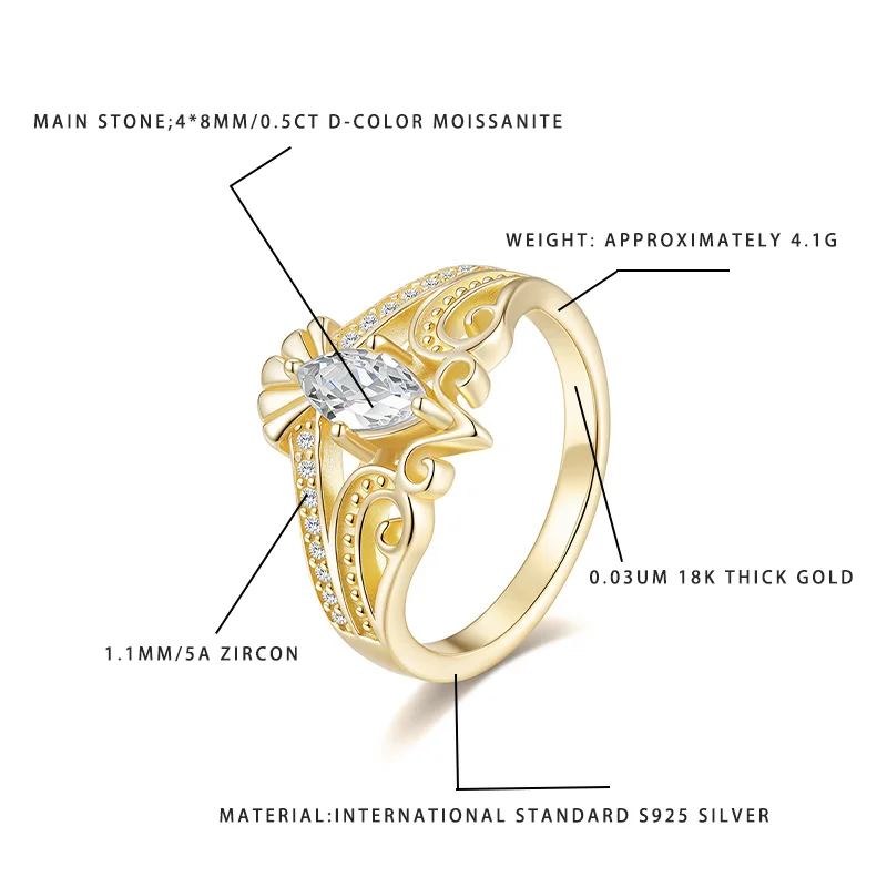 

0.5CT D-Color Moissanite Ring, S925 Silver Plated 0.03UM 18K Gold, 4*8MM Main Stone + 1.1MM 5A Zircon, Retro Carved Women's Band