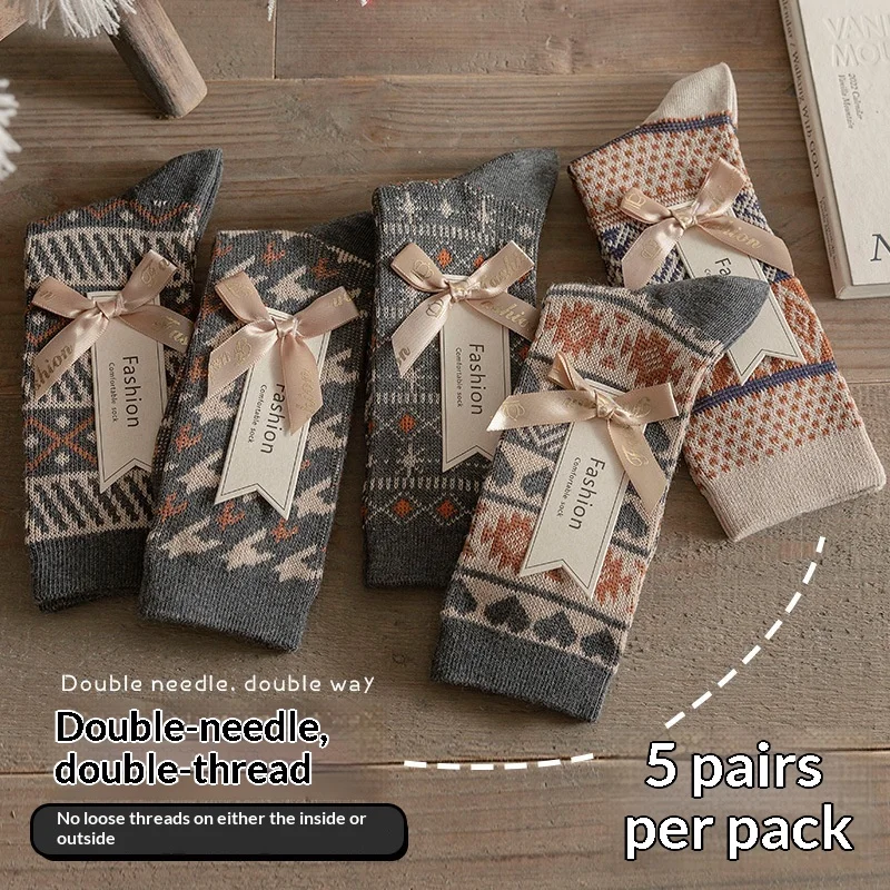 Womens Mid Calf Socks Cotton Blend Thick Warm Seamless Toe Vintage Ethnic Jacquard Crew Socks 5 Pairs for Daily Casual Winter