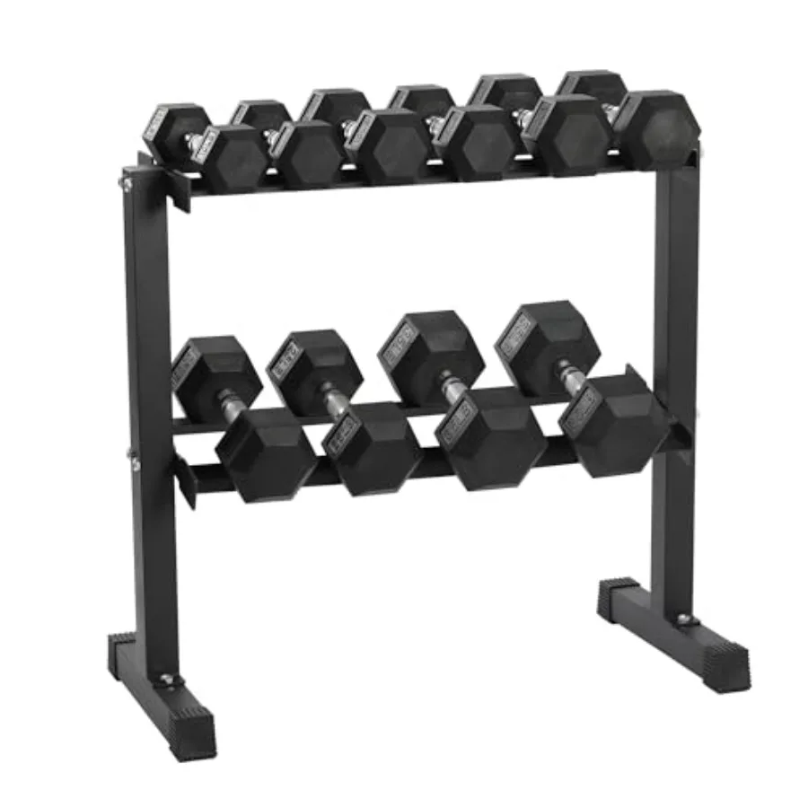 Hexagonal Rubber Dumbbell Weights Set with Rack for home gym use, rubber-coated, black, non-slip hex design and rack included