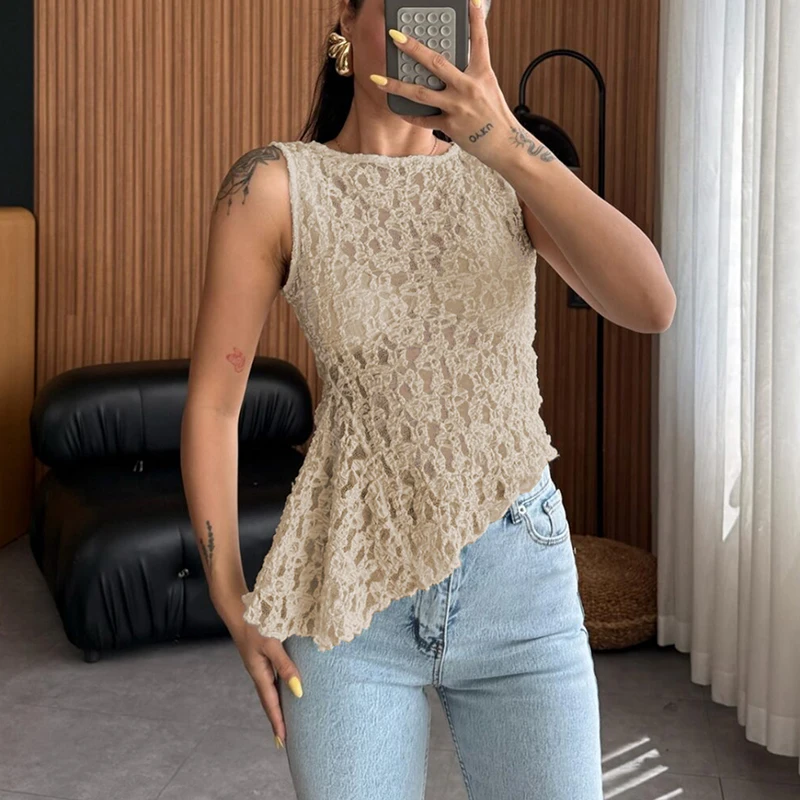 

Women Irregular Hem See-through Blouse Sexy Sleeveless O Neck Lace Shirt Pullover Elegant Crochet Hollow Commute Halter Vest Top