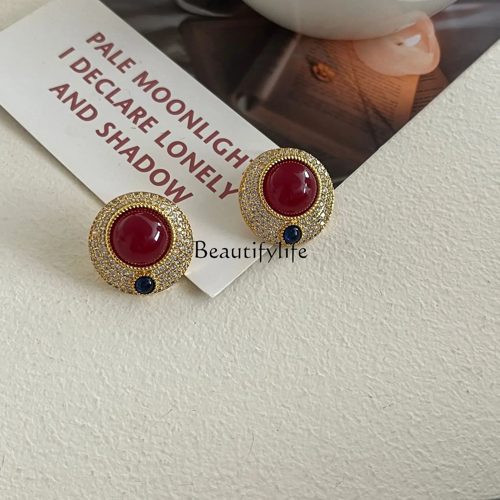 Vintage ruby dense inlaid haute couture full diamond round earrings