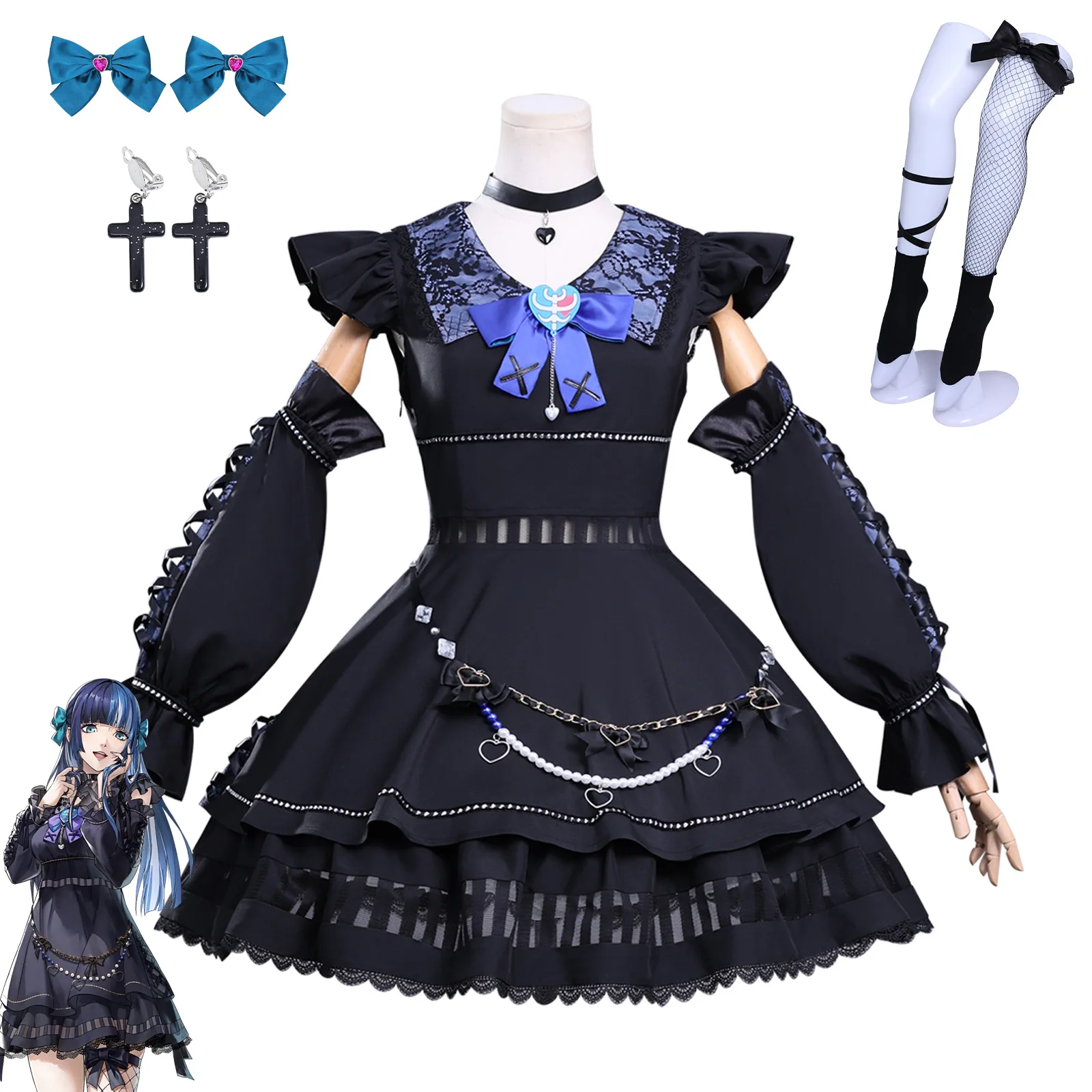 أزياء أنيمي شيكانو إيتشيغو التأثيرية فستان لوليتا أسود تنورة قوطية للنساء والفتيات بدلة حفلات الهالوين #2