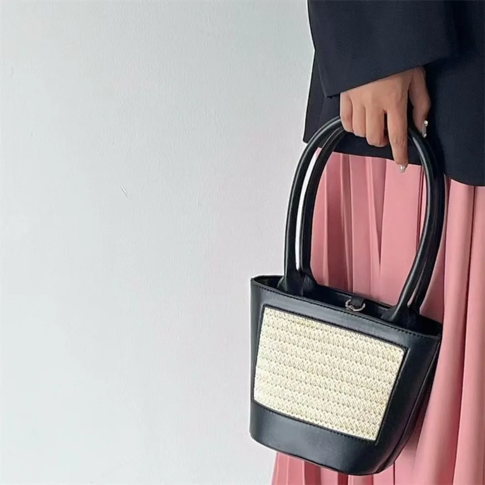 Retro pu tecido balde saco respirável grande capacidade feminina balde bolsa de poliéster anti-respingo água palha bolsa de ombro diariamente