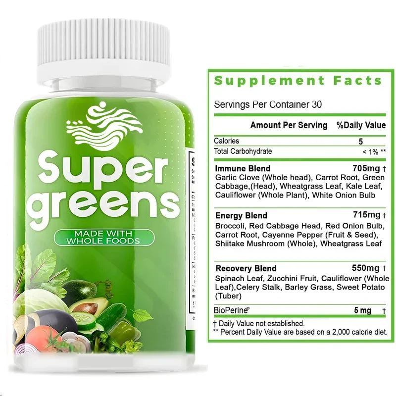 Super Vegetable Supplements, Food Vitamins and Minerals, 60 Vegetarian Capsules Suitable for Women, Men, and Children